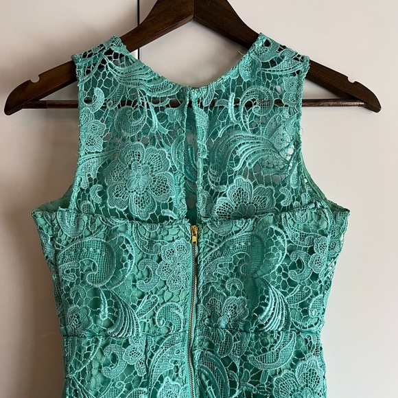 Light turquoise lace dress with gold zipper - Picture 2 of 5